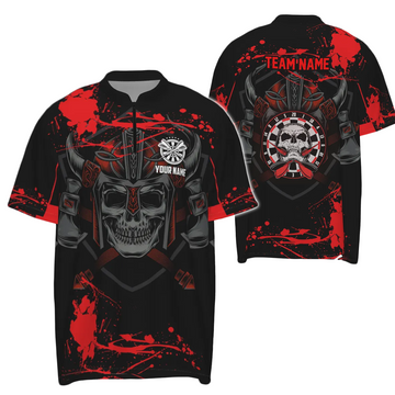 Custom Red Dart Shirt with Warrior Skull, 1/4 Zip Dart Jersey for Men, Spooky Dart Jersey G148