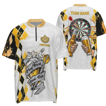 Custom Dart Game Beer Drinking 1/4 Zip Shirt with Argyle Pattern, Men's Dart Shirt S49