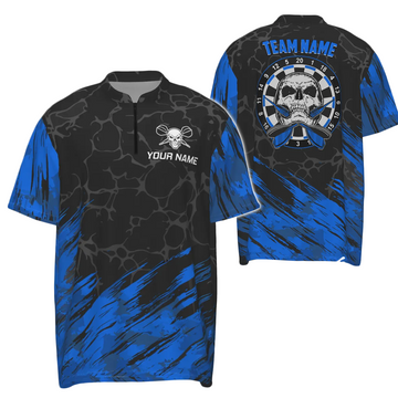 Dart Shirt with Skull Design, 1/4 Zip Dart Jersey for Men in Navy Blue and Black F916