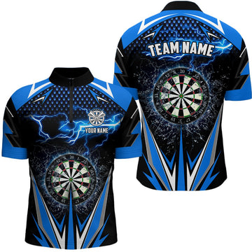 Personalised Blue Lightning Men's Darts Quarter-Zip Shirt | Customised Darts Top for Men | Dart Jerseys | L1304