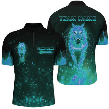 Dart Shirt with Wolf Design, All-Over Print, 1/4 Zip, Men's Dart Jersey H7790 Blue Zip