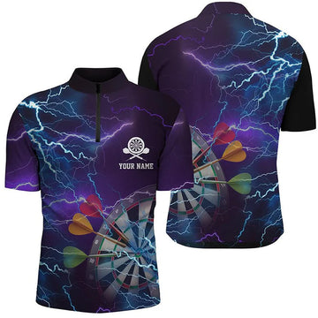 Dartshirt voor heren met donder en bliksem in blauw en paars, dartshirt met 1/4 rits Q2407