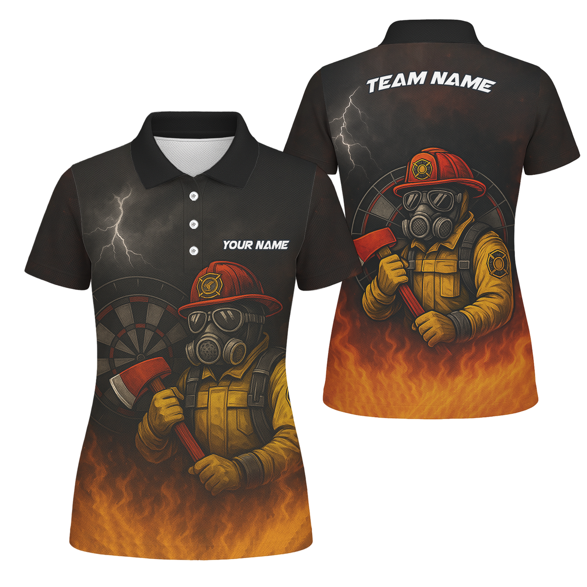 Personalized Custom Dart Polo Shirt Firefighter Axe Fire Black Orange Name Team For Women L4202 main image - polo, Pocket No
