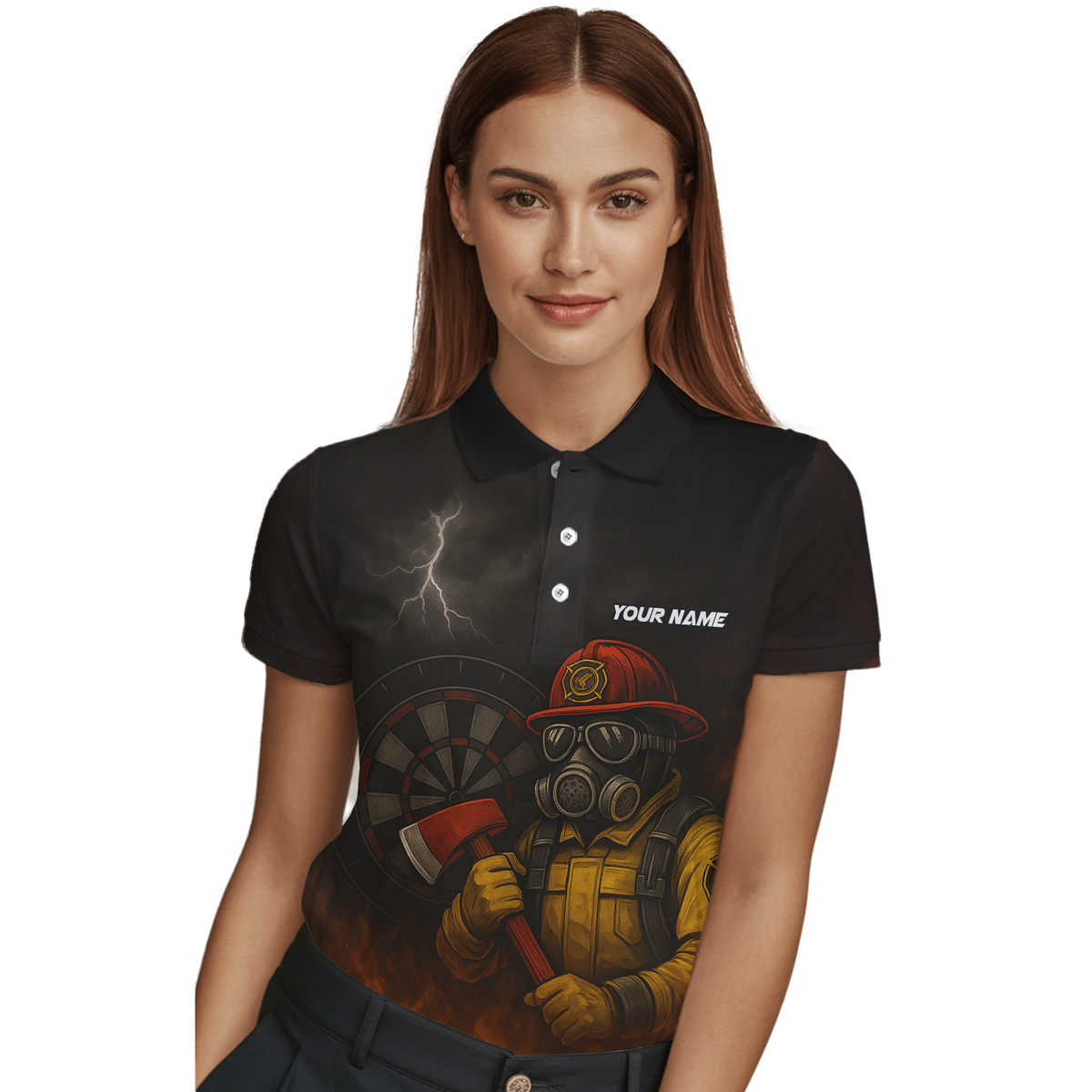 Personalized Custom Dart Polo Shirt Firefighter Axe Fire Black Orange Name Team For Women L4202 additional image 3