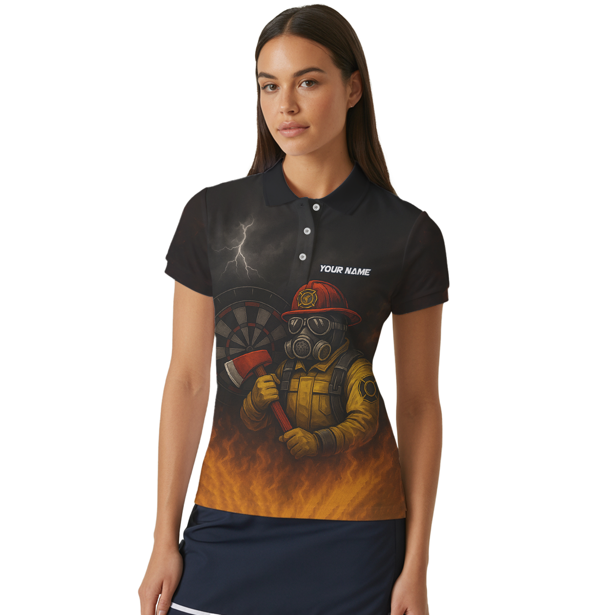 Personalized Custom Dart Polo Shirt Firefighter Axe Fire Black Orange Name Team For Women L4202 additional image 4