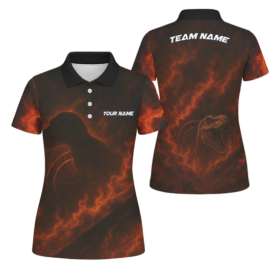 Personalized Custom Fire Dinosaur T-Rex Dart Polo Shirt Team Name Black Orange For Women Q4598 main image - polo, Pocket No