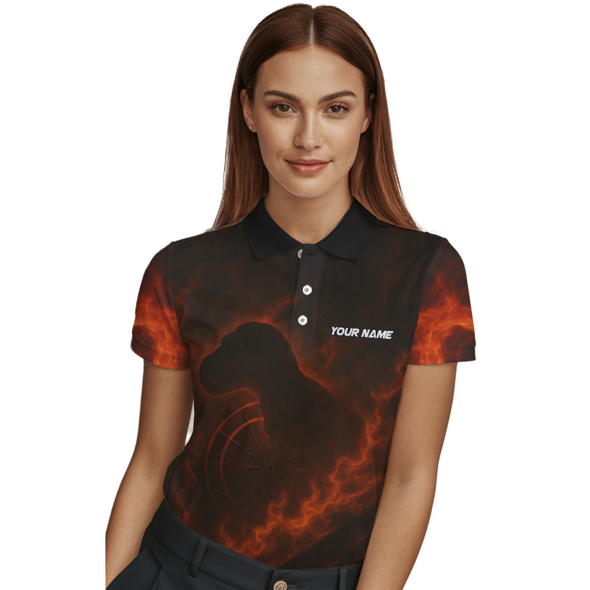 Personalized Custom Fire Dinosaur T-Rex Dart Polo Shirt Team Name Black Orange For Women Q4598 additional image 3