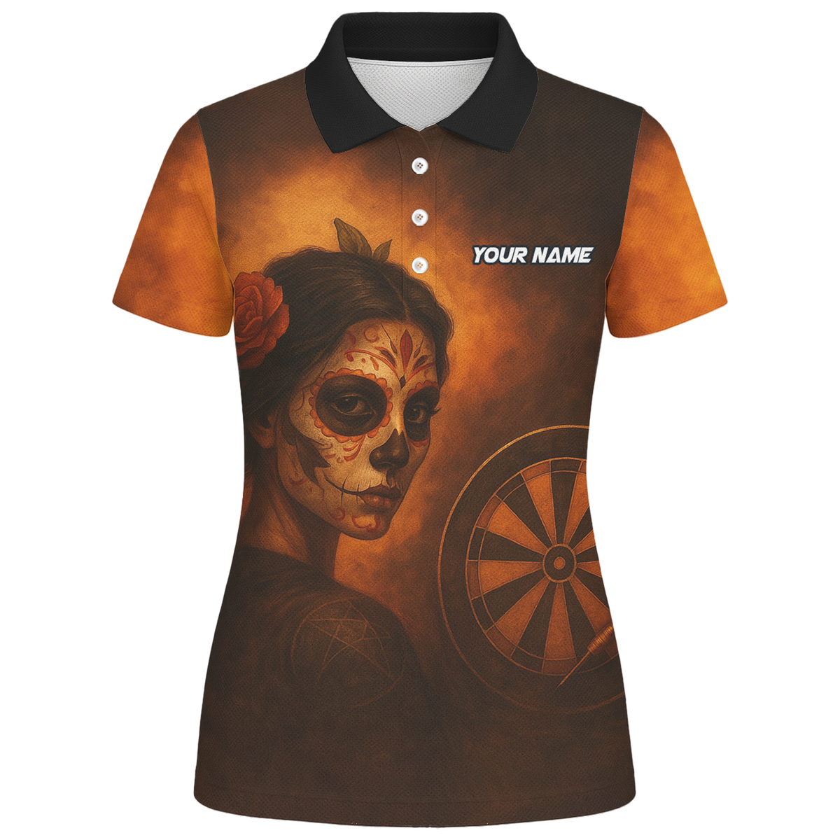 Personalized Day of the Dead Sugar Skull Darts Polo Shirt Brown Orange For Women K7534 additional image 1