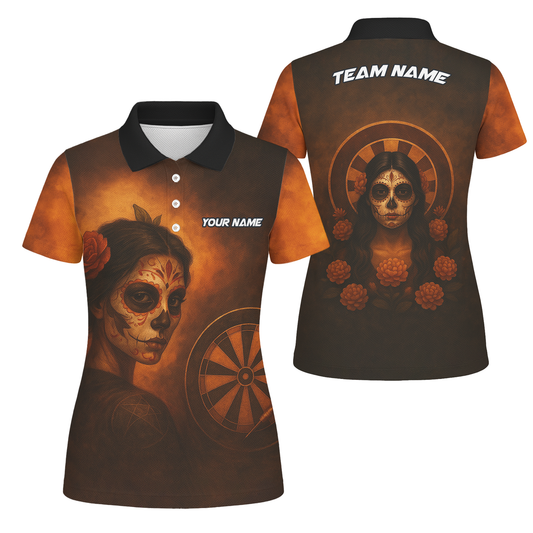 Personalized Day of the Dead Sugar Skull Darts Polo Shirt Brown Orange For Women K7534 main image - polo, Pocket No