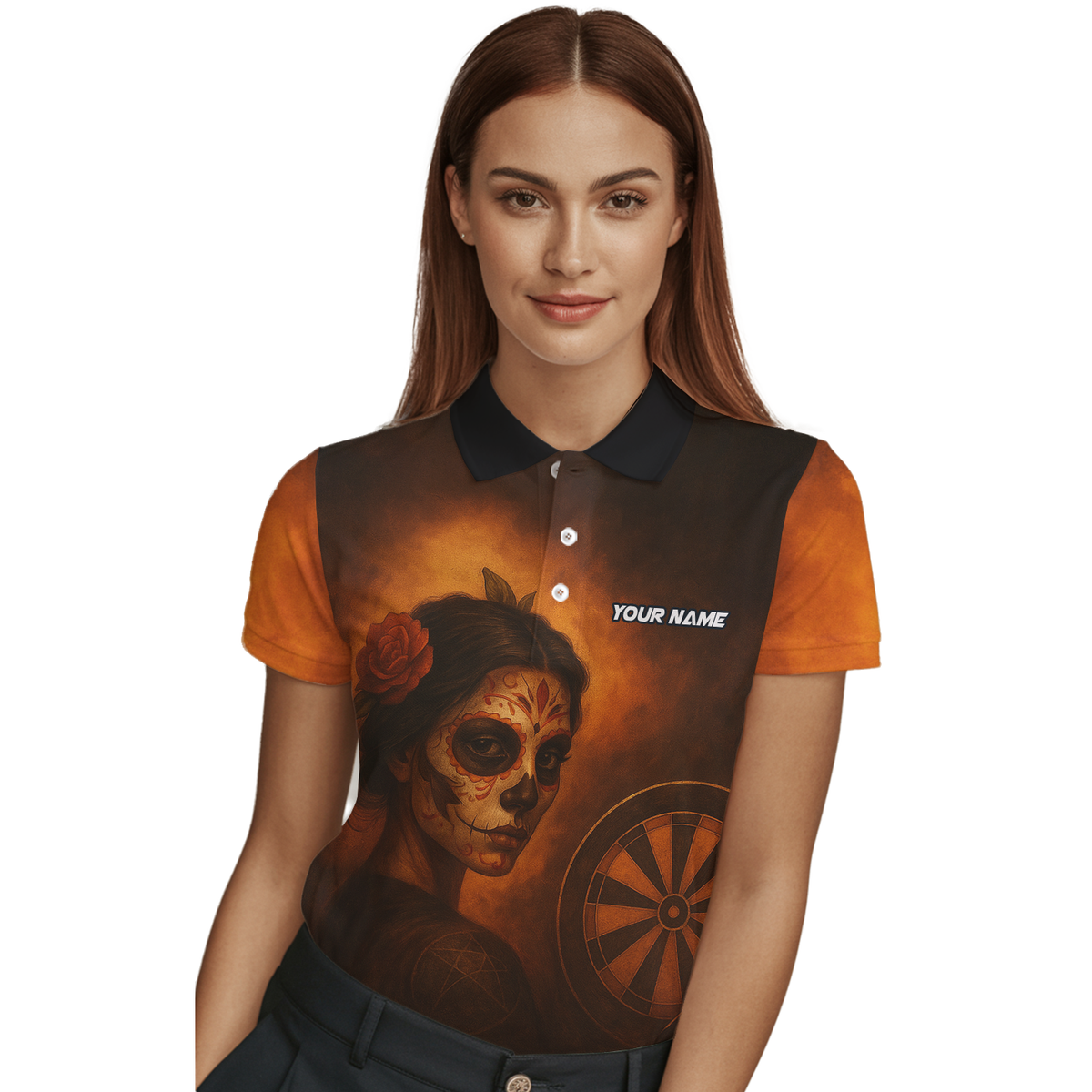 Personalized Day of the Dead Sugar Skull Darts Polo Shirt Brown Orange For Women K7534 additional image 3