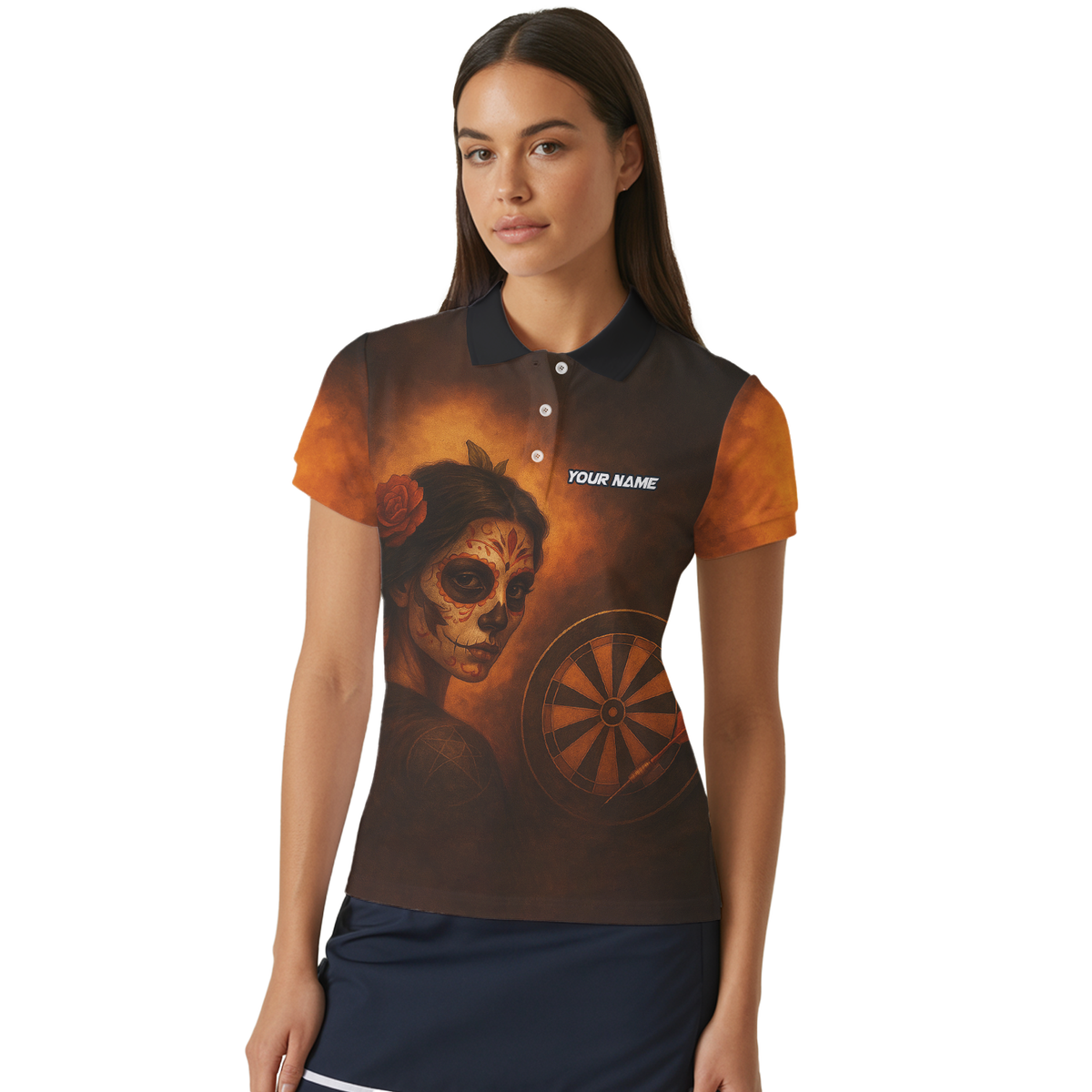 Personalized Day of the Dead Sugar Skull Darts Polo Shirt Brown Orange For Women K7534 additional image 4