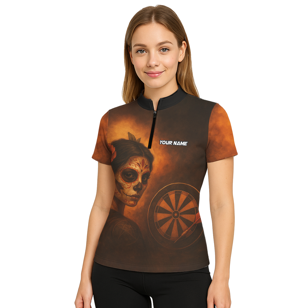 Personalized Day of the Dead Sugar Skull Darts Polo Shirt Brown Orange For Women K7534 additional image 5