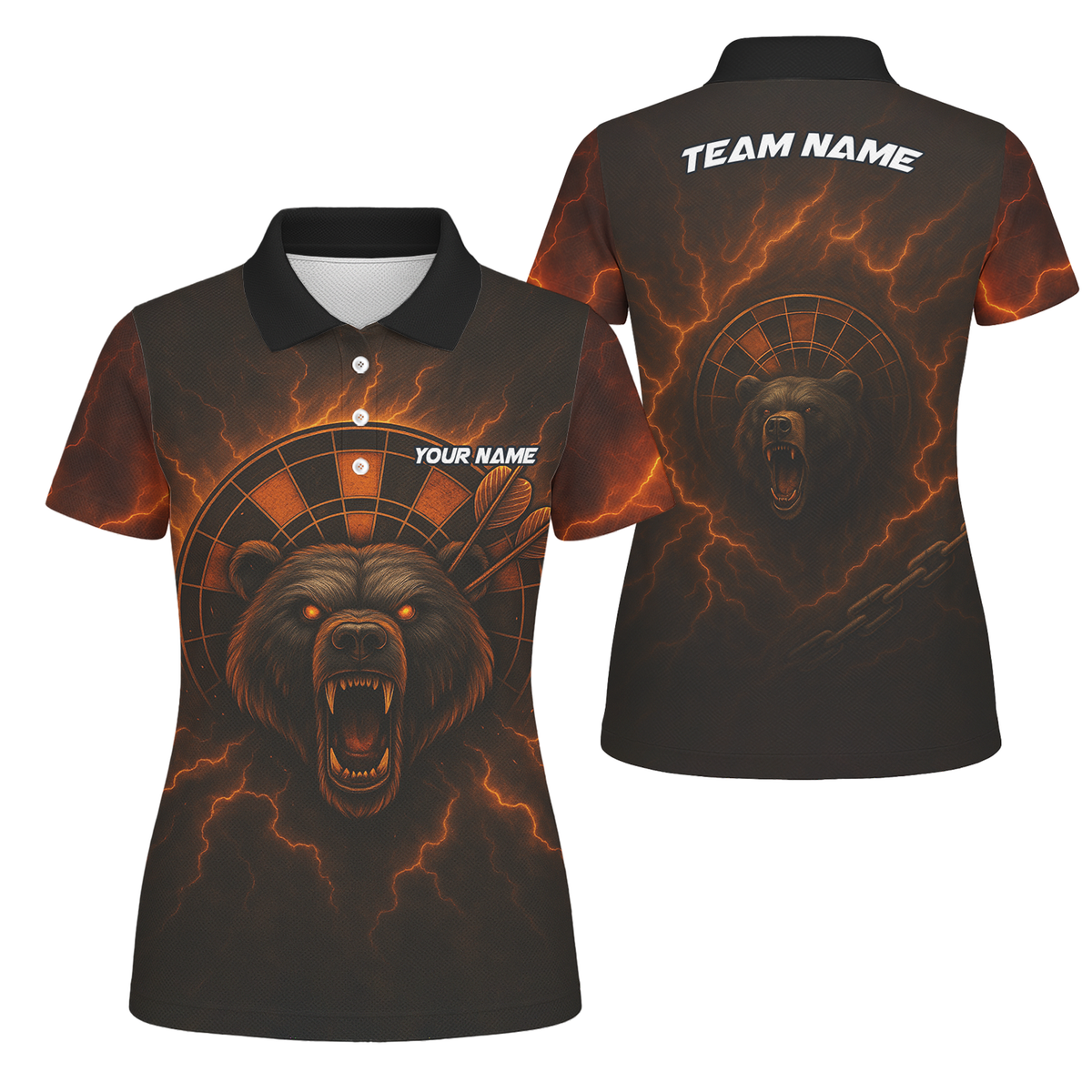 Personalized Fiery Bear Lightning Dart Polo Shirt Black Red Orange For Women R3672 main image - polo, Pocket No