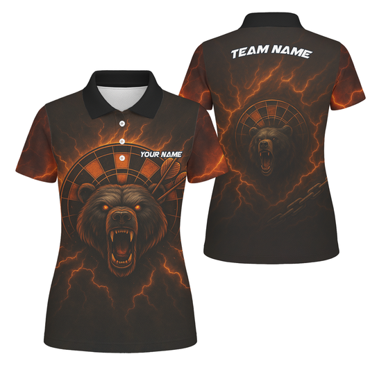 Personalized Fiery Bear Lightning Dart Polo Shirt Black Red Orange For Women R3672 main image - polo, Pocket No