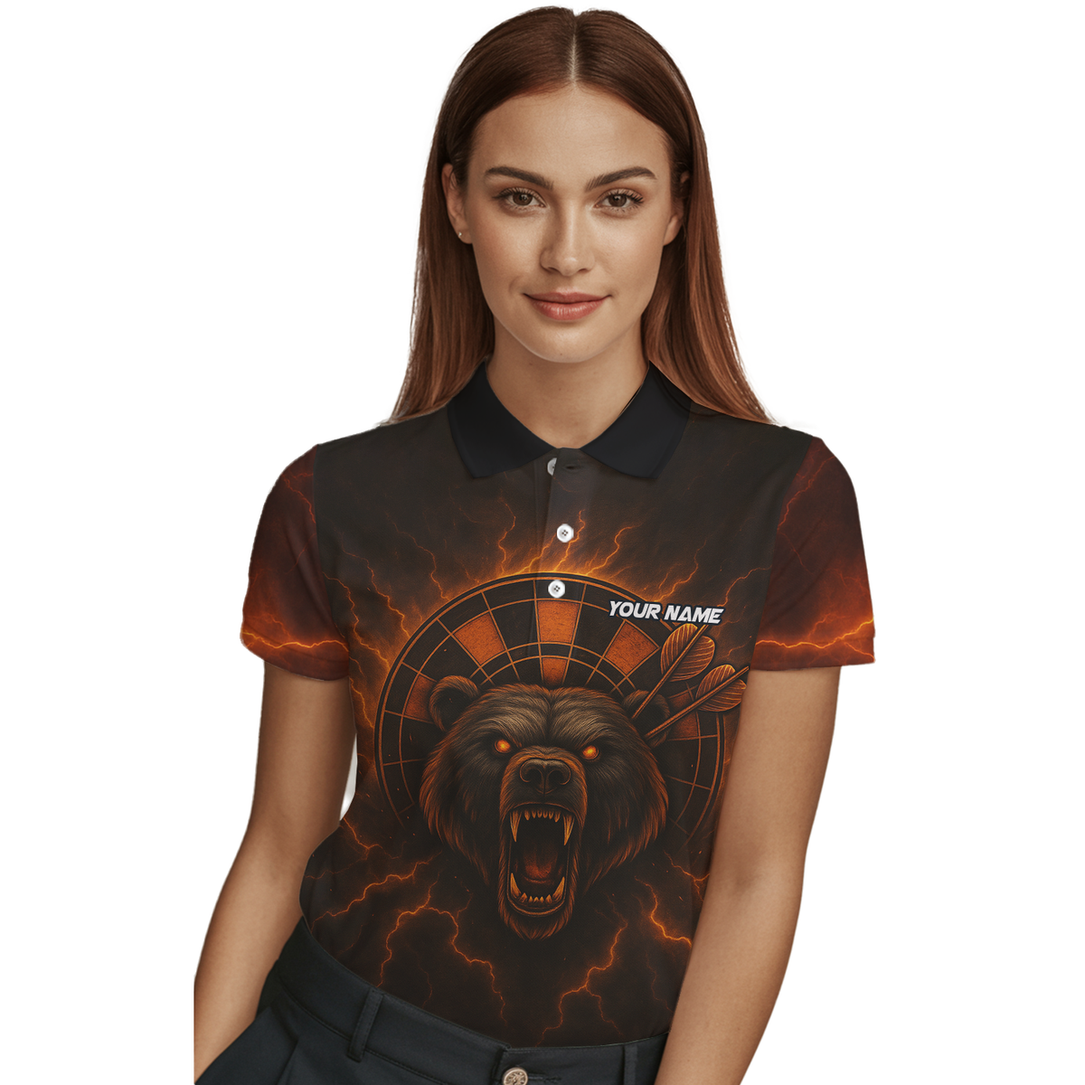 Personalized Fiery Bear Lightning Dart Polo Shirt Black Red Orange For Women R3672 additional image 3