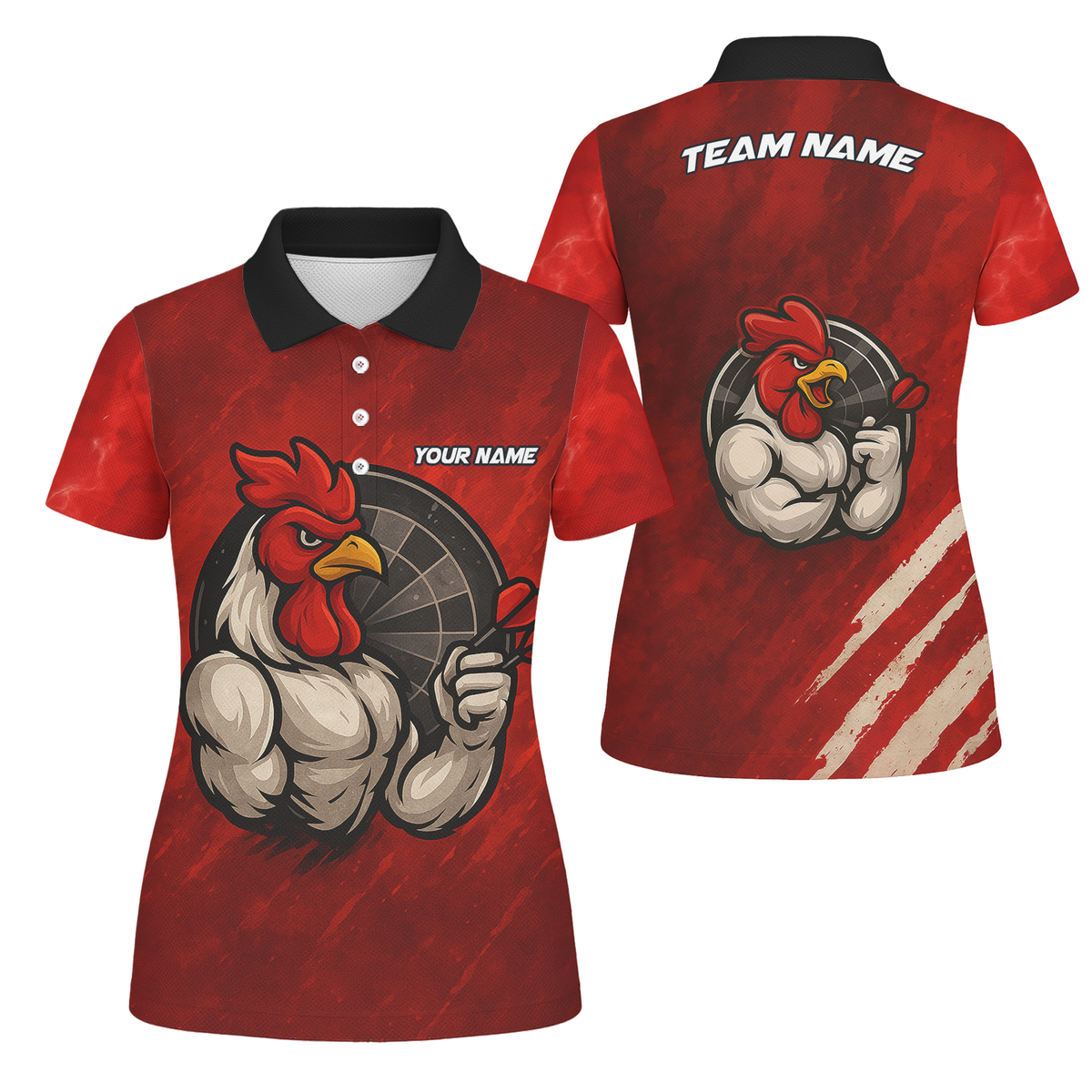 Personalized Funny Rooster Dart Polo Shirt Custom Team Name Red Black For Women K2283 main image - polo, Pocket No