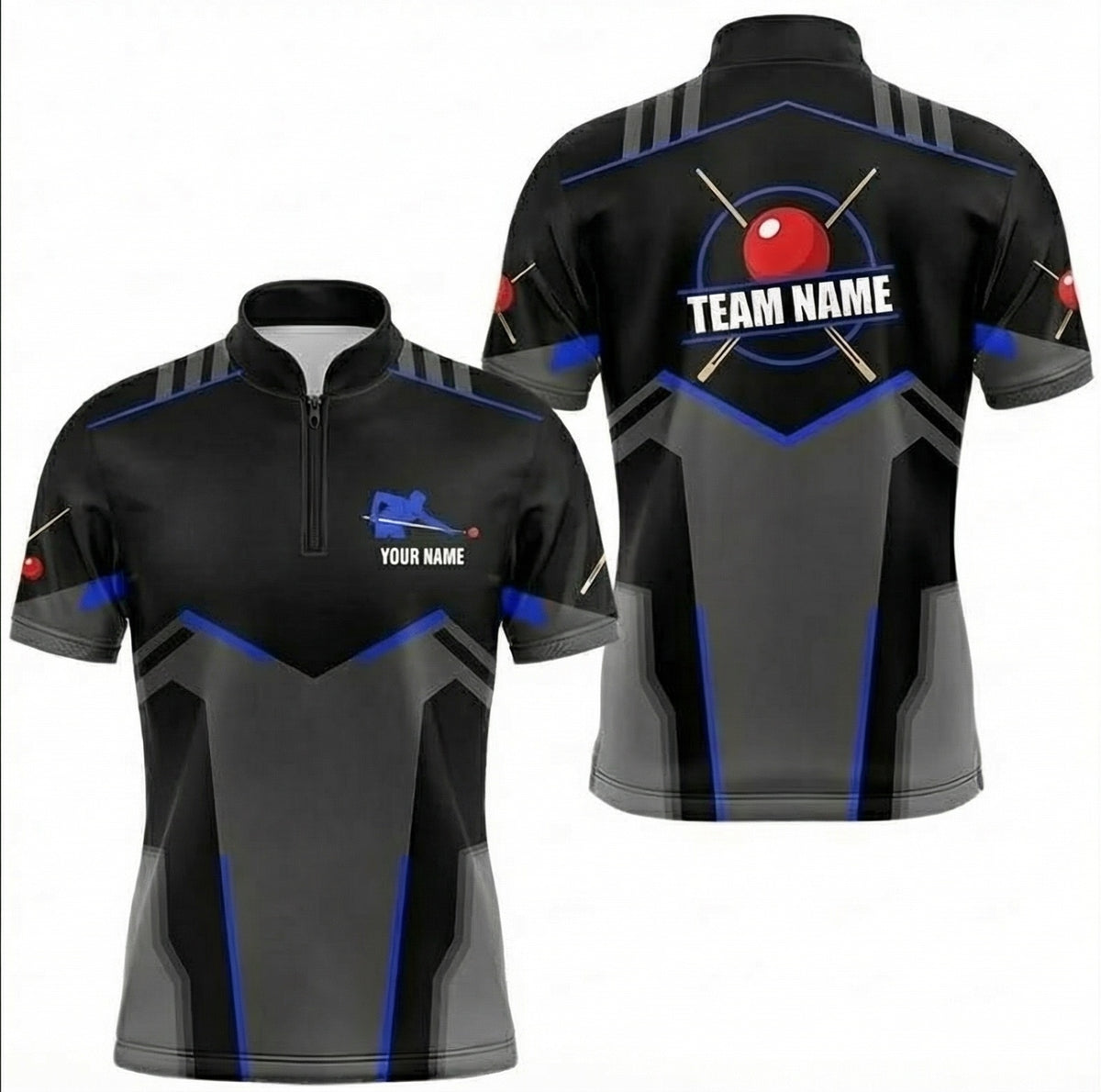 Personalised Geometric Snooker Jersey Polo and Zipper Black Grey Blue For Men R1107 - Zipper Women (Slim fit)