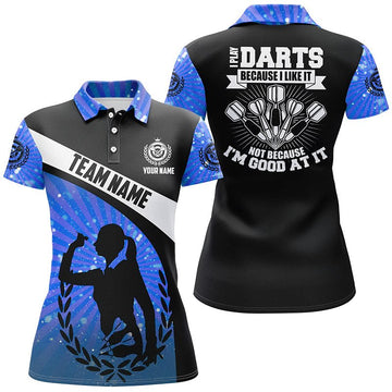 Women's Blue Striped Darts Polo Shirt with Custom Dart Design - I Play Darts Because I Love It R242