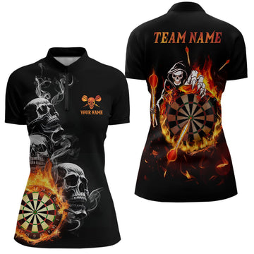 Women's Fire Darts Shirt with Dart Skull Flames Design - Damen Quarter Zip Shirt for Darts Jersey R847
