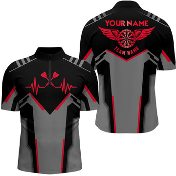 Men's Dart Shirt with Custom Red Heartbeat Pattern, 1/4 Zip Dart Jersey with Heart Pulse Line R183 red
