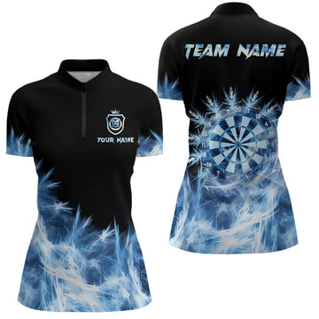 IJsblauw Dartsteamshirt voor dames, Dartsshirt met 1/4 rits T424