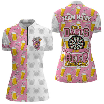 Custom Darts 1/4 Zip Shirt in Pink for Women - I'm a Darts and Beer Lover I664
