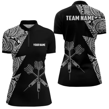 Women's Darts 1/4 Zip Shirt with Lightning Tribal Pattern in Black and White - Darts Jersey LDT0820 D896