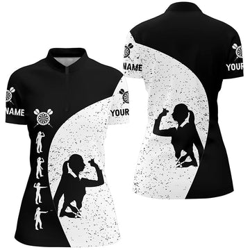 Women's Darts Quarter-Zip Shirt in Black and White Grunge Style - Darts Jersey for Ladies D8175