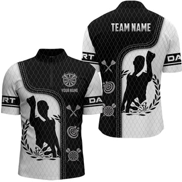Dart shirt met kwartrits en 3D all-over print in zwart en wit voor dartspelers Q218