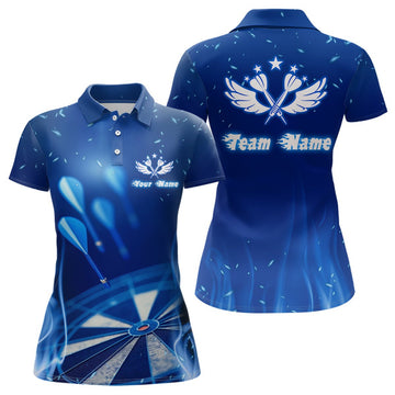 Darts Polo Shirt with Blue Flame and Star Design - Cool Dart Jersey for Women V481