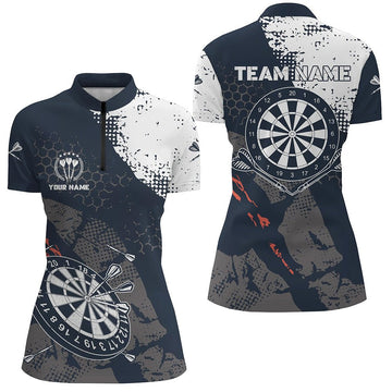 Retro Women's Darts 1/4 Zip Shirt with Custom Navy-White Pattern - Dart Team Jerseys for Women W767