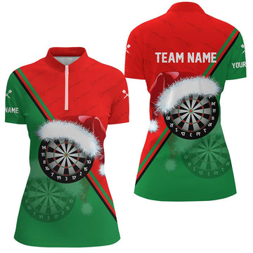 Women's Santa Darts Board Christmas Darts 1/4 Zip Shirt - Red and Green