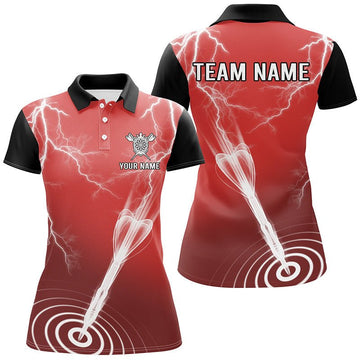 Rood en zwart dartspoloshirt voor dames met bliksem en donder, dartsjersey B858