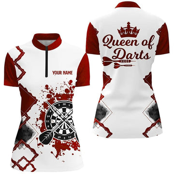 Women's Red and White Darts Quarter-Zip Shirt - Cool Darts Jersey 'Queen of Darts' h7563