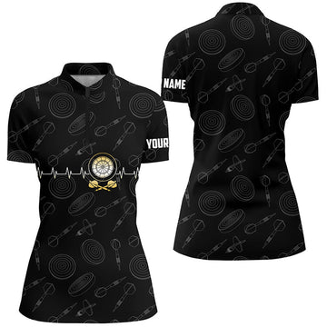 Zwart dartshirt voor dames met hartslagpatroon, dartjersey met 1/4 rits Z93